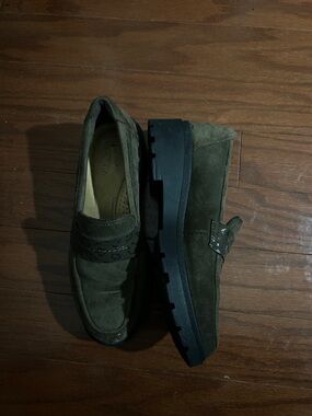 Clarks Olive Suede Lug Sole Penny Loafers